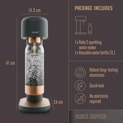 Mysoda Ruby 2 Sparkling Water Maker - Soda Streaming Machine Silent Carbonated Water Machine Robust Long-Lasting Aluminium Soda Maker 1L Water Bottle Without CO2 Cylinder - Black Copper Soda Machine