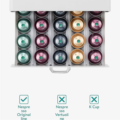 Navaris Coffee Pod Holder Drawer - 50 Capsule Storage Organizer Tray Counter Container - Fits Standard Sizes of Pods and Capsules - 1 Drawer Design - White