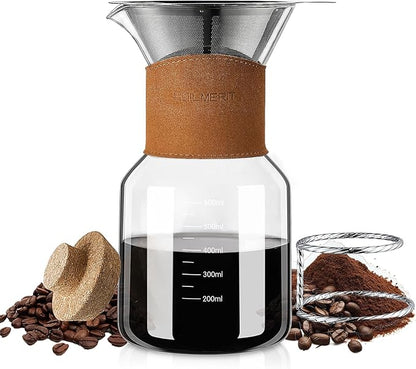 Pour Over Coffee Maker with Double-Layer Stainless Steel Filter, 20 oz Pour Over Coffee Dripper, Glass Carafe with Vintage Leather Collar and Cork Lid & Filter Stand for Espresso