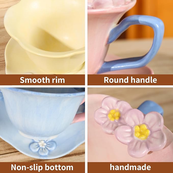 Floral Tea Cups and Saucers, Ceramic Cute Coffee Mug for Women Tea Party, Cappuccino Latte Milk (Pink)
