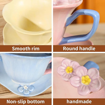 Floral Tea Cups and Saucers, Ceramic Cute Coffee Mug for Women Tea Party, Cappuccino Latte Milk (Pink)