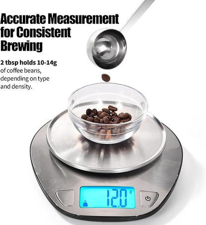 18/8 Stainless Steel Coffee Scoop, Doosu Food-Grade Metal Measuring Spoon with 8.5in Long Handle, Tablespoon Scooper for Coffee Beans, Ground Coffee, Espresso, Protein Powders, Tea, Sugar (2 Tbsp)