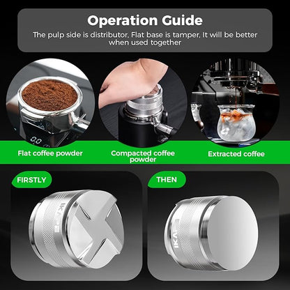 IKAPE 58MM Espresso Tamper Kit Silver 8 IN 1, Coffee Tamper Set comprising a Tamper, Distributor, Magnetic Dosing Funnel, Puck Screen, Station, WDT Tool, along with a Cleaning Towel and Brush