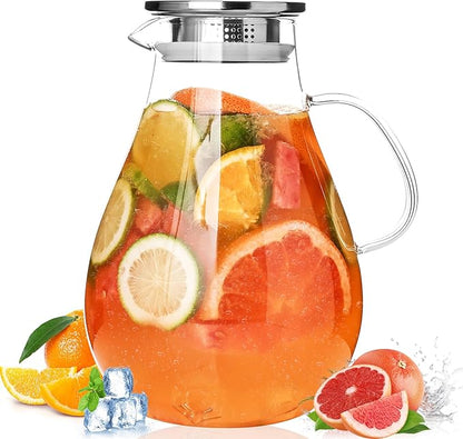 2500ml Glass Pitcher with Lid, 88 Ounces with Precise Scale Line, Hot/Cold Water Jug, Juice and Iced Tea Beverage Carafe with Lid