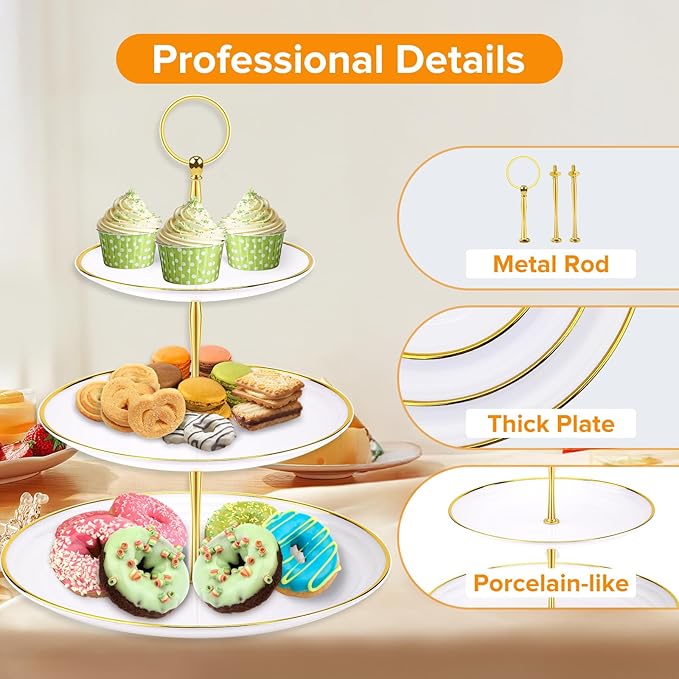 Hoedia 3 Tier Cupcake Stand Tower, Plastic White Cup Cake Holder for Dessert stands, Tiered Serving Tray for Tea Party, Birthday Party, Wedding Decor and Baby Shower(Round)