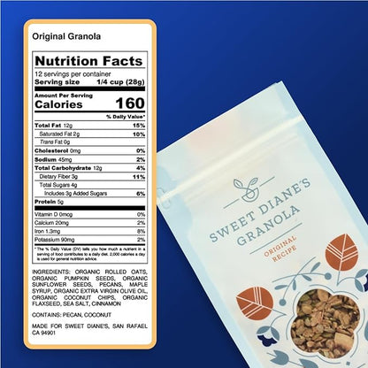 Sweet Diane’s Granola – Standard Size (12 oz): Organic, Low-Sugar, High-Fiber, Gluten-Free, Vegan, Delicious Breakfast and Snack Topper (Classic Size, Original Recipe)