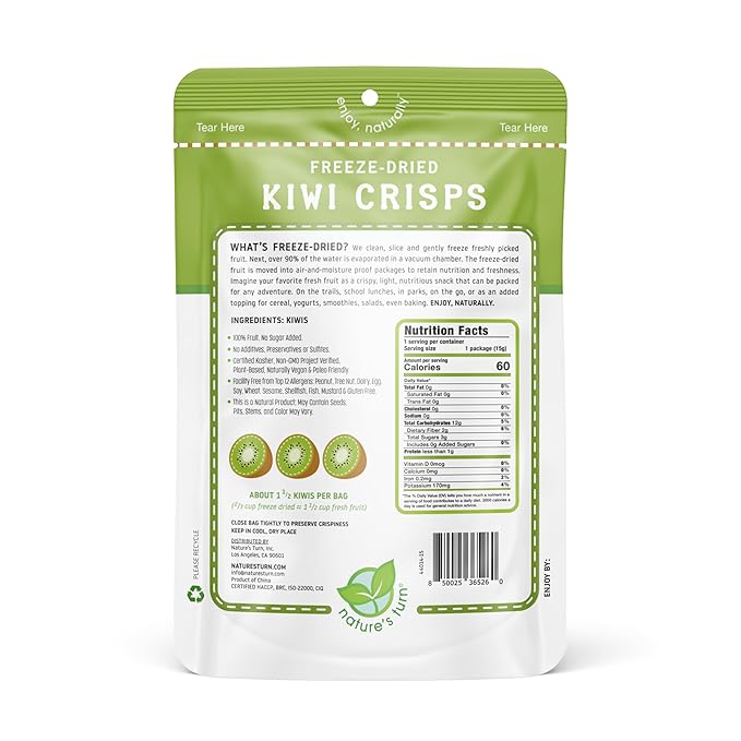 Nature’s Turn Freeze-Dried Fruit Crisps – Healthy, Gluten-Free, Crispy & Delicious, Plant-Based Snack, Ideal for Cereal, Smoothies, School Lunches, & On-the-Go, Sour Kiwi, Bags of 6 (0.53 oz Each)
