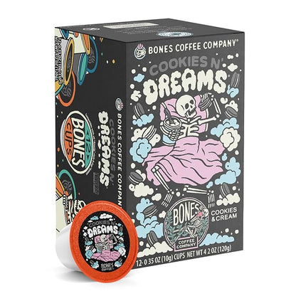 Bones Coffee Company Cookies 'N Dreams, Cookie and Cream Flavored Coffee Pods, Low Acid Medium Roast Single-Serve Bones Cups, Compatible with K-Cups Brewers Coffee Maker, 12 Count