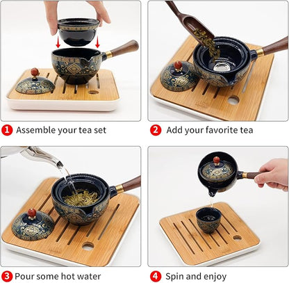 LURRIER Porcelain Chinese Gongfu Tea Set,Portable Teapot Set with 360 Rotation Tea maker and Infuser,Portable All in One Gift Bag for Travel,Home,Gifting,Outdoor and Office (Black)