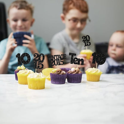 Gyufise 24Pcs 10th Birthday Cupcake Toppers Glitter Ten Vintage 2015 Double Digits 10 Cupcake Picks Hello 10 Years Birthday Cake Decorations for Happy 10th Anniversary Party Supplies Black