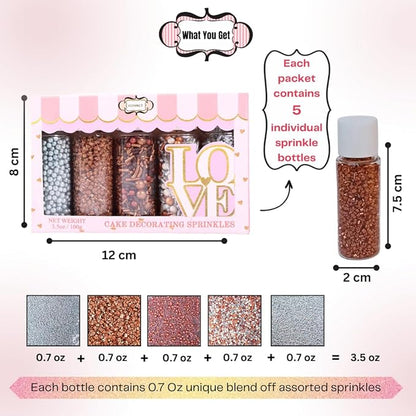 Confect-Rose Gold Edible Cake Sprinkles Mix – Pearl Dragees, Silver & Copper Jimmies, Bronze Sparkling Sugar – White, Rose Gold, Silver Glam Sprinkle Set for Cake Decorating, Baking & Cupcakes- Vegan, Gluten-Free, Nut-Free, Soy-Free, Dairy-Free, Palm O...