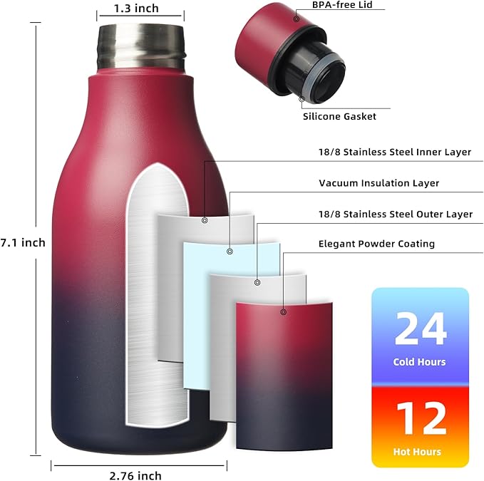 BJPKPK Insulated Water Bottles, 12oz Stainless Steel Metal Water Bottle with Strap, BPA Free Leak Proof Thermos, Mugs, Flasks, Reusable Water Bottle for Sports & Travel, Charming Black Red