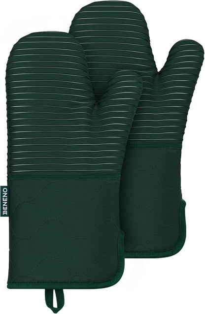 Beneno Kitchen Oven Mitts 2-Pack Heat Resistant to 500°F with Non-Slip Silicone Grip, Extra Long 14.3" Forearm Protection, Soft Quilted Cotton Terry Lining, Ideal for Cooking, Baking, Grilling, Green