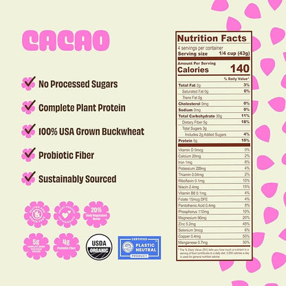 Lil Bucks Sprouted Regeneratively Grown Buckwheat Seeds– Paleo Cereal, Gluten-Free Granola, High in Protein, Low Sugar, Organic Superseed Crunch (CACAO, 3 Pack)