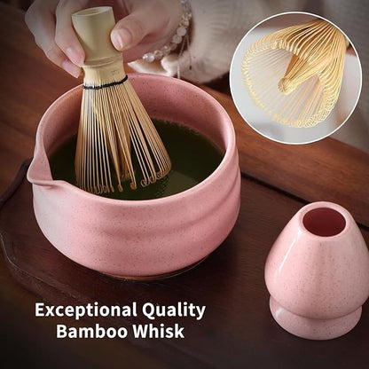 Japanese Ceramic Matcha Bowl - 16oz Speckle Glaze Chawan & Whisk Stand for Perfect Froth, Dishwasher Safe Pink