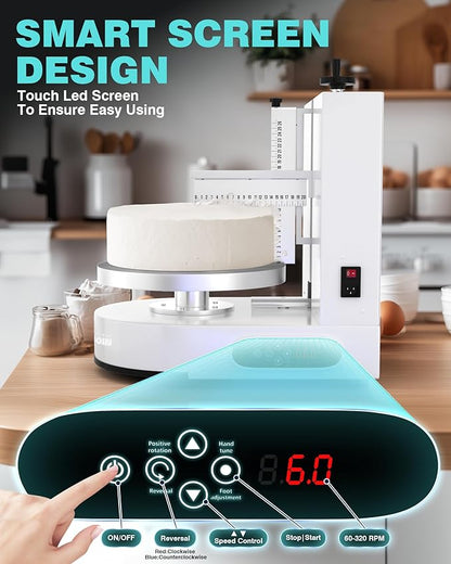 WantJoin Automatic Cake Decorating Machine, 4–12" Cake Icing & Frosting Machine, 60–320 RPM Adjustable Speed, Stainless Steel Cream Spreader with Turntable & Scraper, Commercial Bakery Equipment