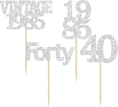 Gyufise 24Pcs Happy 40th Birthday Cupcake Toppers Glitter Forty 40 Fabulous Vintage 1985 Cake Toppers for 40th Birthday Wedding Anniversary Party Cake Decorations Supplies Silver