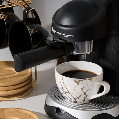 LUKA Ceramic Demitasse Espresso Cups Set with Saucers and Metal Stand, 8 oz Porcelain Stackable Cappuccino Cups Teacup For Tea, Espresso, Latte, Coffee, Cafe Mocha, Set of 4, White & Black