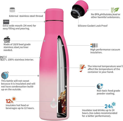 BJPKPK Insulated Water Bottle 17oz Stainless Steel Water Bottles Disawasher Safe Reusable Metal Thermos Keep Cold and Hot,Cherry