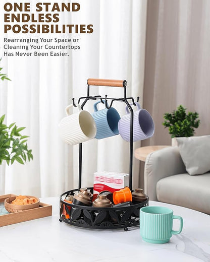 Mug Holder for Countertop, 2-in-1 Mug Tree for Large Mugs & Coffee Cup Stand with Storage Basket - Mug Rack & Organizer for Coffee Bar Accessories