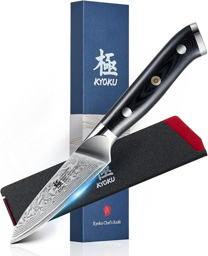 KYOKU Gin Series 3.5" Paring Knife - Japanese VG10 Damascus Stainless Steel Kitchen Knife With Silver Ion Blade, G10 Handle, Mosaic Pin - for Fruit, Vegetable, Peeling, Coring