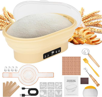 HK Electric Sourdough Starter Kit with 6-Temp Control & Timer, 11" Foldable Sourdough Bread Baking Supplies & Dough Warmer, Complete Banneton Bread Proofing Basket Set for Artisan Home Bakers