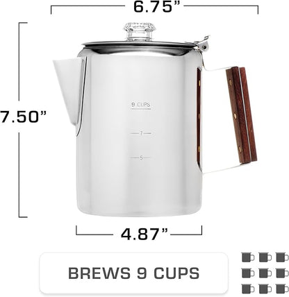 COLETTI Bozeman Percolator Coffee Pot — NO Aluminum or Plastic [9 cup]