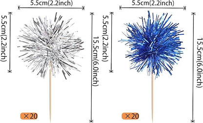 40 PCS Foil Firework Cupcake Toppers Sparkle Tinsel Cupcake Picks Fireworks Birthday Party Decorations Cocktail Fruit Toothpick for Birthday Wedding Graduation Party Decorations Supplies Silver Blue