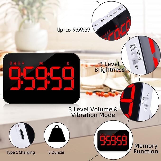 Digital Timer Kitchen Timer Count Down Up Rechargeable Kitchen Gadgets Vibration Mode Adjustable Volume and Brightness LED Display Time Management for Cook, Desk, Kids Adults Study Teaching
