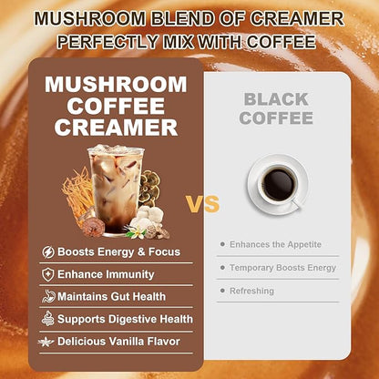 Bunkell Mushroom Coffee Creamer, Adaptogenic 6 Mushrooms with Lion's Mane, Reishi, Cordyceps, Shiitake, King Trumpet, Turkey Tail, Probiotics Creamer for Energy, Focus & Digestion Support, 30 Servings