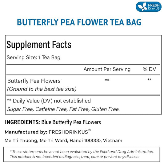 FreshDrinkUS, Premium 35 Butterfly Pea Tea Bags, 100% Natural and Pure from Butterfly Pea Flowers, Hand-made, Made With Natural Materials-Corn Fiber Tea Bag, Sugar/Caffeine/Gluten Free, Vegan