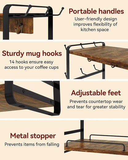 IBUYKE Coffee Bar Station Countertop Organizer,2 Tier Kitchen Mug Cup Holder Stand,Wooden Coffee Mug Organizer with 18 Hooks,Multifunctional Mug Tree for Home Kitchen, Office,Vintage Brown UTBJ006H