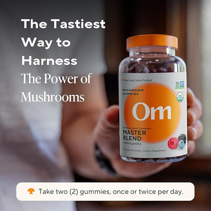 Om Master Blend Mushroom Gummies - Organic Mushroom Supplement with 10 Mushrooms and Ashwagandha – Support Immunity, Gut Health & Stress Relief, 56 Count (28 Servings), Mixed Berry Flavor