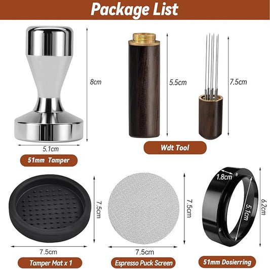 51mm Espresso Tamper, Coffee Tamper Set, 51mm tamper with Wdt Tool, Espresso Tamper Mat, Espresso Dosing Funnel, 51mm Espresso Puck Screen, Espresso Accessories for Espresso Coffee Machine