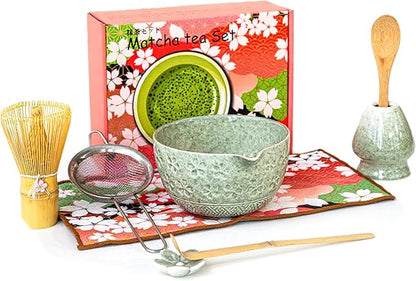 8 PCS Matcha Whisk Set, Ceramic Matcha Set, Includes Bowl, Matcha Whisk Holder Matcha Bamboo Whisk, Scoop, Sifter, Unique Gift for Matcha Lovers (C)