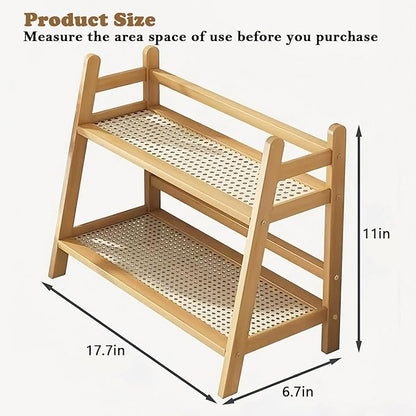 Wicker-Look Coffee Station Organizer, Bamboo Mug Holder Countertop, Kitchen Counter Shelf for Tea Coffee Bar Accessories, Matcha Stand, Cup Display, Condiment Storage Rack, 2 Tier