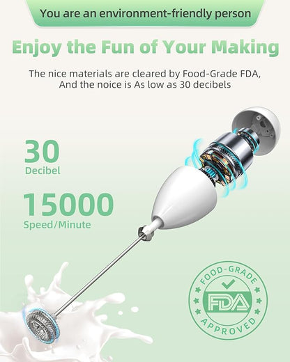 Rechargeable Milk Frother Handheld, Travel Portable Frother Wand for Coffee, USB C Electric Whisk with Stand & Case, Waterproof Hand Drink Mixer for Lattes, Cappuccino, Matcha, Egg (White)