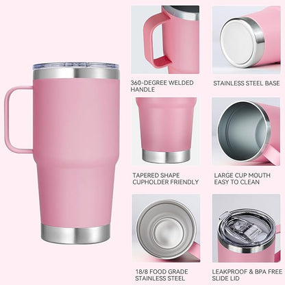 20 oz Stainless Steel Tumbler with Handle Bulk Metal Insulated Tumblers Travel Coffee Mug with Handle Double Wall Tumbler Cup with Lid and Straw, Pink 12 Pack