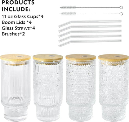 4 Pcs 11 oz Drinking Glasses Cups Set with Bamboo Lids Straws Brush Small Glassware Set for Mojito Iced Coffee Cocktail Whiskey(4 Mixed Pattern)