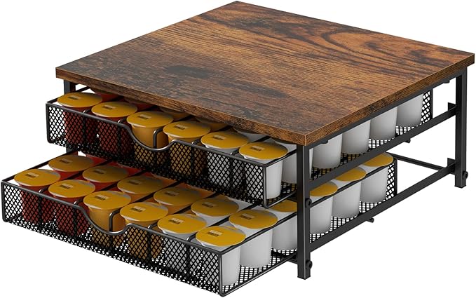 Coffee Pod Drawer Holder Capsule Storage Organizer 2 Tier Coffee Pods Holder With Sliding Baskets for 72 Capacity K Pod, Suit for Home Office Cafe Counter (Black)