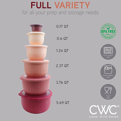 COOK WITH COLOR Prep Bowls with Lids- Wide and Deep Nesting Plastic Small Mixing Bowl Set with Lids, 12 Piece Set - Deep Bowls, Rose