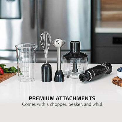 OVENTE Immersion Hand Blender, 300W Electric Handheld Portable Stick Mixer Set with 2 Mixing Speed, Stainless Steel Blades, Egg Whisk Attachment, Mixing Beaker and BPA-Free Food Chopper, Black HS565B