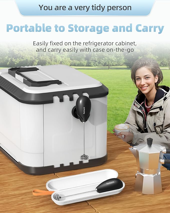 Rechargeable Milk Frother Handheld, Travel Portable Frother Wand for Coffee, USB C Electric Whisk with Stand & Case, Waterproof Hand Drink Mixer for Lattes, Cappuccino, Matcha, Egg (Black)