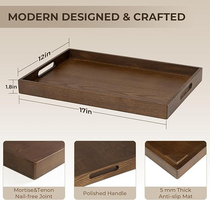 Axeman Wooden Serving Tray with Wood Handles|Ottoman Tray for Breakfast, Bed, Couch|17x12in Ash Wood Coffee Table Trays|Food Drinks Decorative Storage Boards for Ottoman Kitchen, Walnut