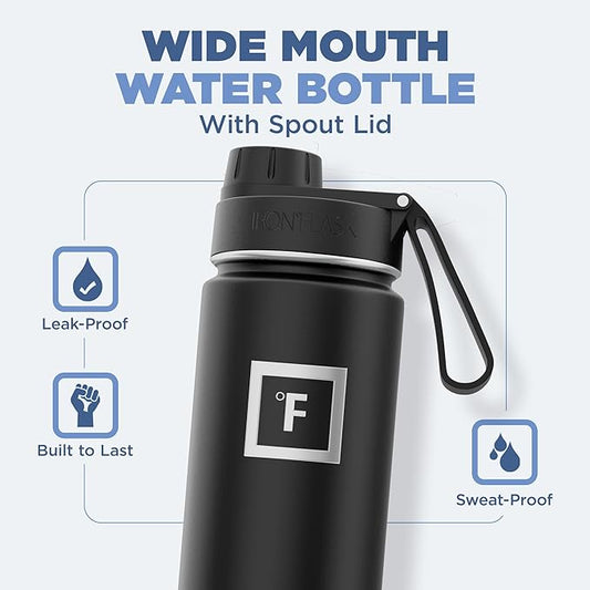 IRON °FLASK Camping & Hiking Hydration Flask with 3 Lids - Stainless Steel, Double Walled & Vacuum Insulated Water Bottle - Leak Proof & BPA Free (Black Marquina, Spout - 22 oz)