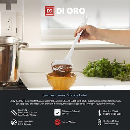 DI ORO Silicone Ladle – Soup Ladle for Cooking & Serving Heat-Resistant - Large Kitchen Soup Ladle Nonstick Cookware Safe - Soup Serving Spoon with Wide Bowl - Silicone Utensil Dishwasher Safe (Stone)