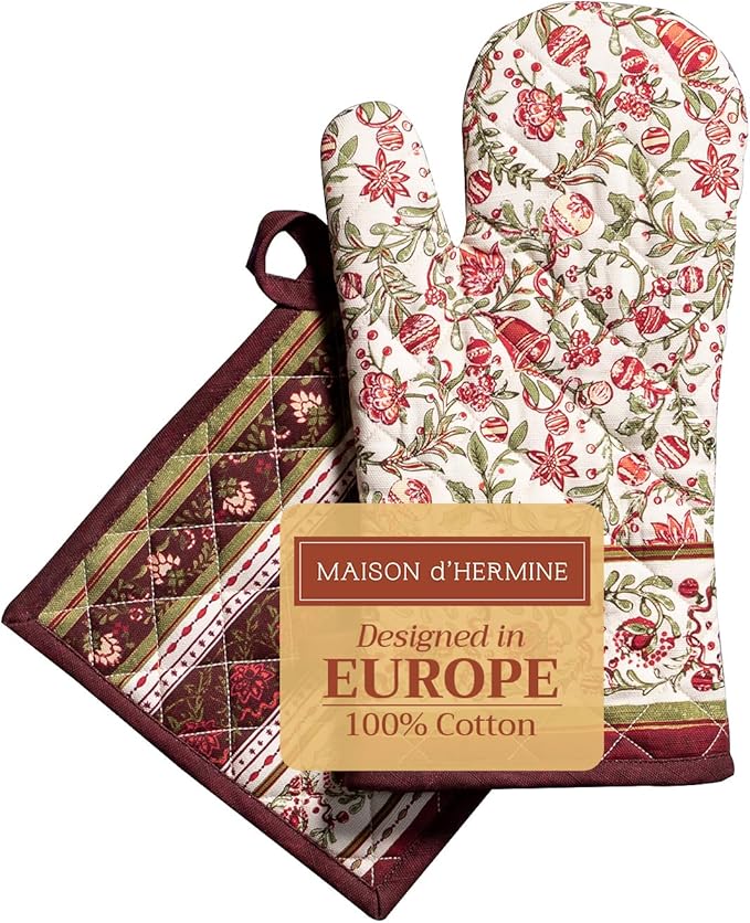 Maison d' Hermine 100% Cotton Oven Mitt & Pot Holder Set (7.5"x13" & 8"x8") Heat Resistant BBQ Cooking Gloves with Loop, Baking, Grilling, Kitchen, Handling Hot Pans (Reveillon Au Jardin)