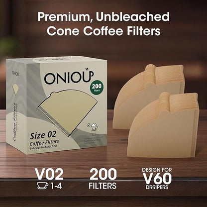 V60 Coffee Filters 02, ONIOU Unbleached Size 02 Cone Coffee Filters, 200 Count Natural Brown Pour Over Paper Filters for Hario V60 & Others 1–4 Cup Coffee Dripper