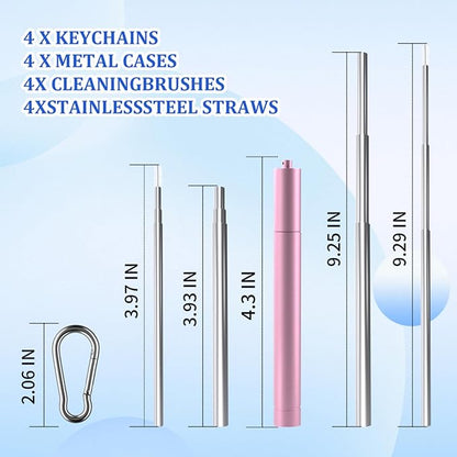 4 Pack Reusable Metal Straws Collapsible Stainless Steel Drinking Straw Travel Portable Telescopic Straw with Case for Cruise Ship Essentials Black-Silver-Rose Gold-Blue