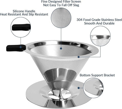 Pour Over Coffee Dripper-Stainless Steel Coffee Filter,Reusable Drip Cone Coffee Filter Portable Pour for 1-4 Cup (With Base, M)